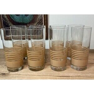 VINTAGE MIKASA TAN FAWN STRIPED TUMBLER GLASSES BY BOB VAN ALLEN . (Set of 8)